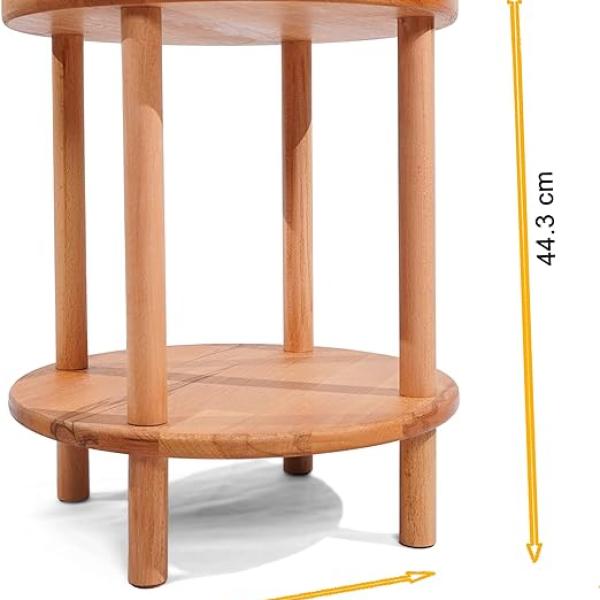 Round Coffee Table With 2 Tier Shelves - Tea Table For Living Room, Bedroom, 100% Solid Beech Wood